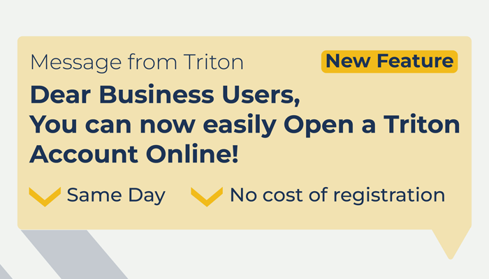 A graphic highlighting the benefits of online account registration at Triton Canada: *same day *no cost registration *all online.