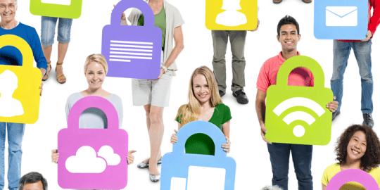 group of people holding social icons