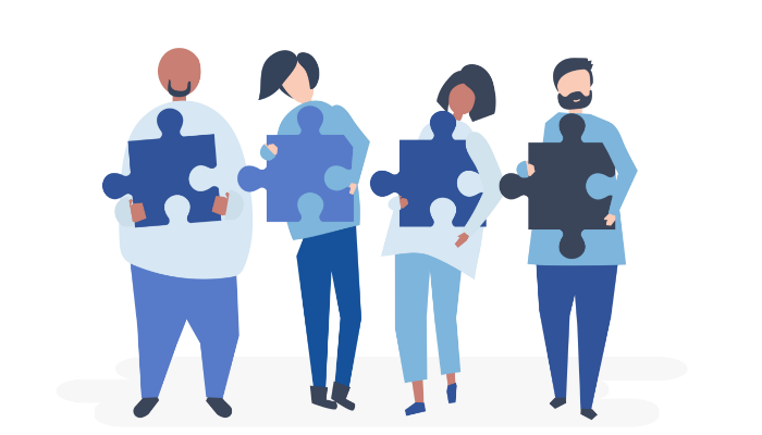 4 animated faceless people holding a puzzle piece each