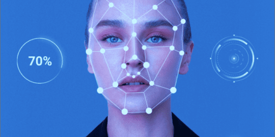 female face with digital facial recognition dots and on left side in a circle is 70% showcasing background check verification