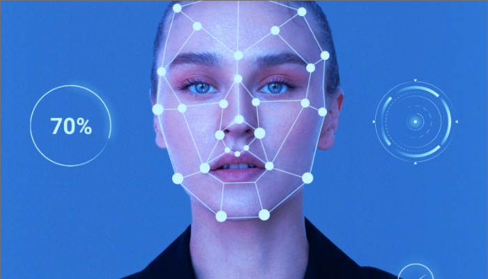 female face with digital facial recognition dots and on left side in a circle is 70% showcasing background check verification