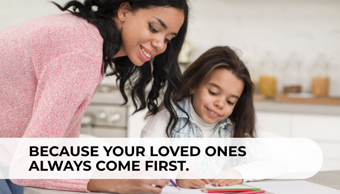 image of female caregiver with a young girl reading with a banner reading because your loved ones always come first. This symbolizes the need for background checks in canada