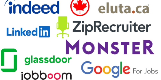 image with the best canadian job boards; indeed, monster, ziprecruiter, eluta, glassdoor, jobboom, linkedin and google