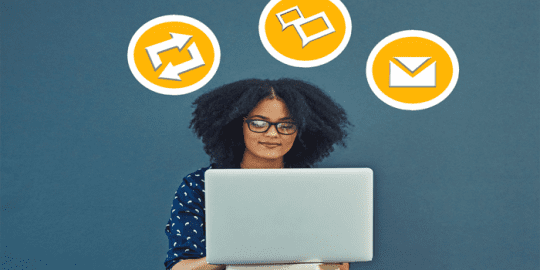 image of woman on laptop with 3 yellow bubbles showcasing social media background checks