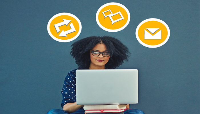 image of woman on laptop with 3 yellow bubbles showcasing social media background checks