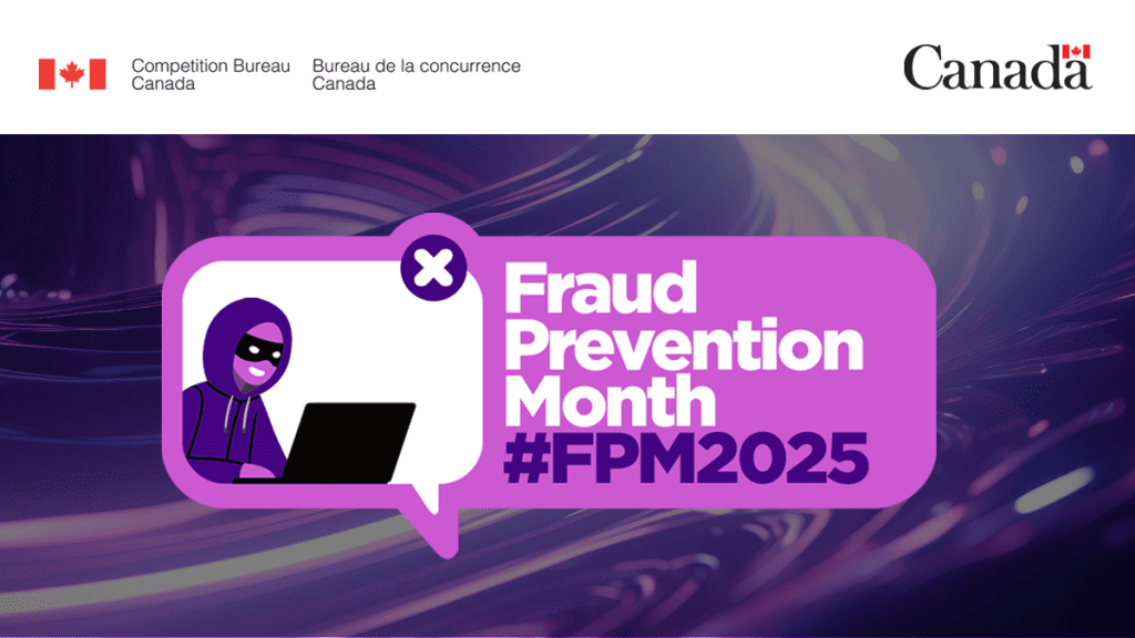 image with purple background and speak bubble that states fraud prevention month