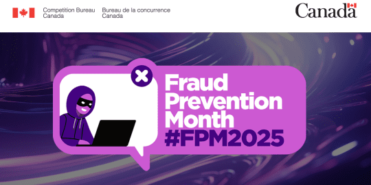 image with purple background and speak bubble that states fraud prevention month